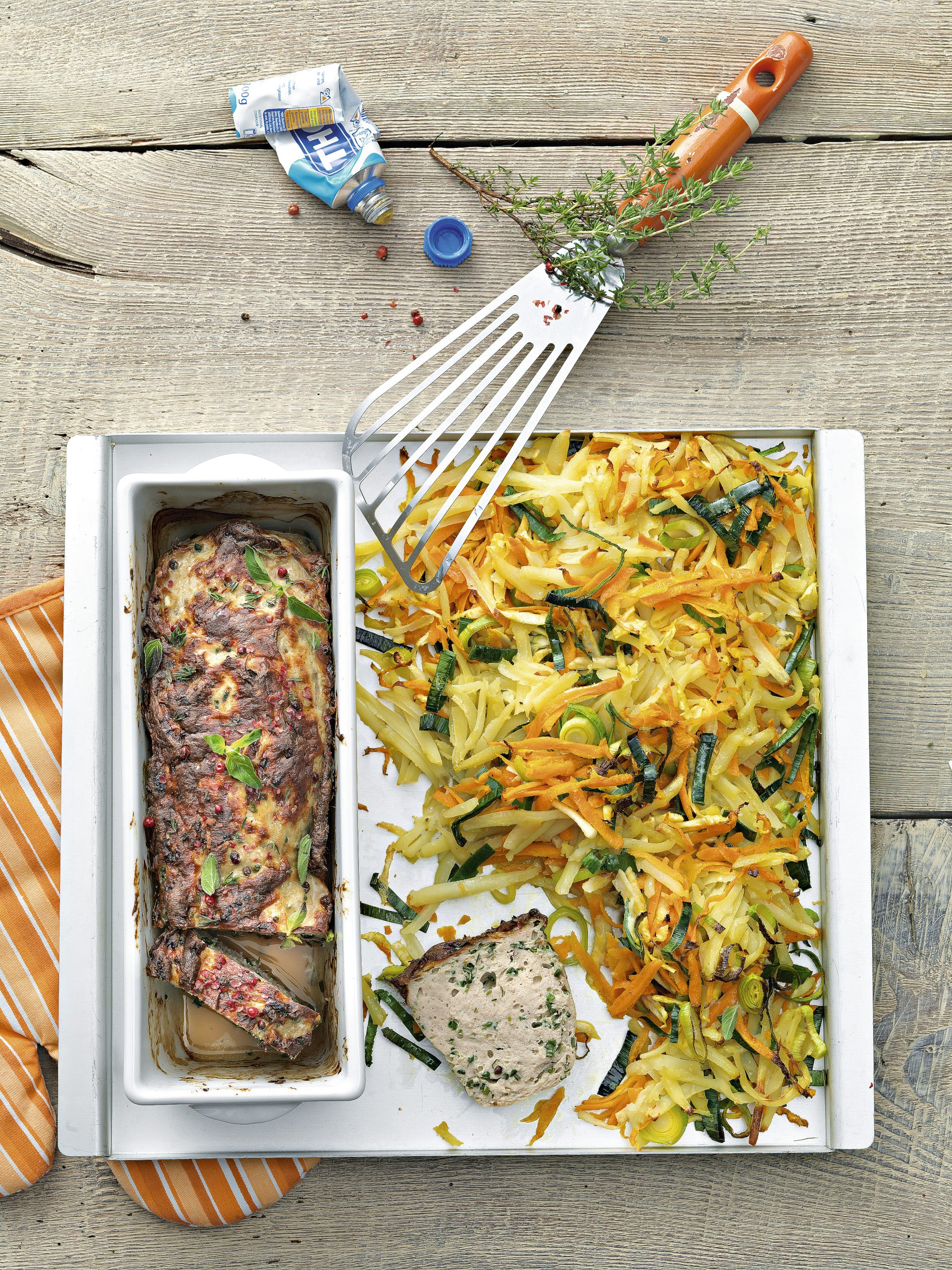 Röstis aux légumes et rôti aux herbes