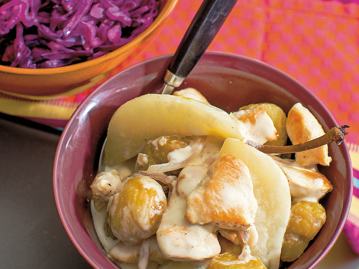 Emincé de poulet aux marrons et aux poires