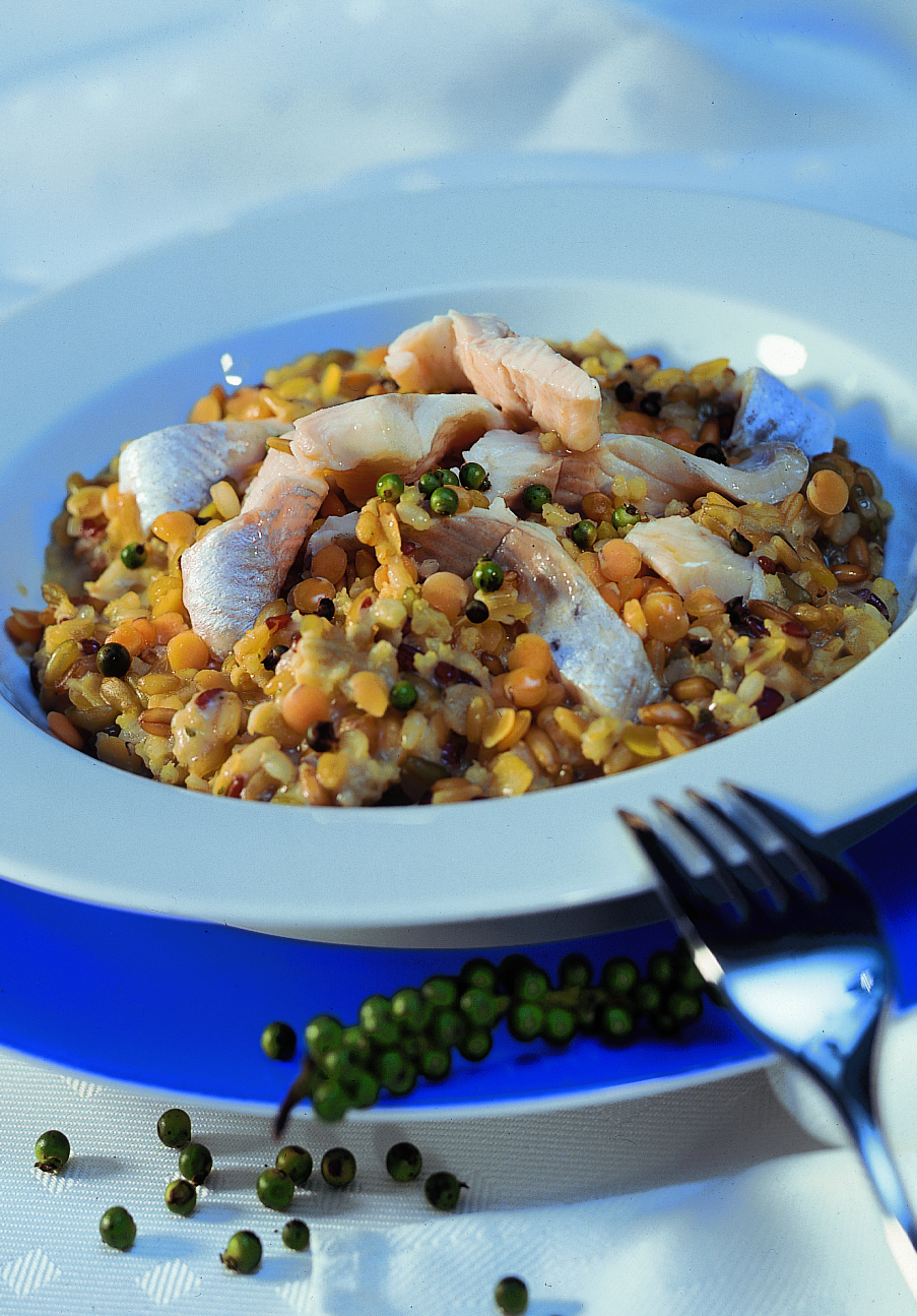 Getreide-Risotto mit Fischstreifen