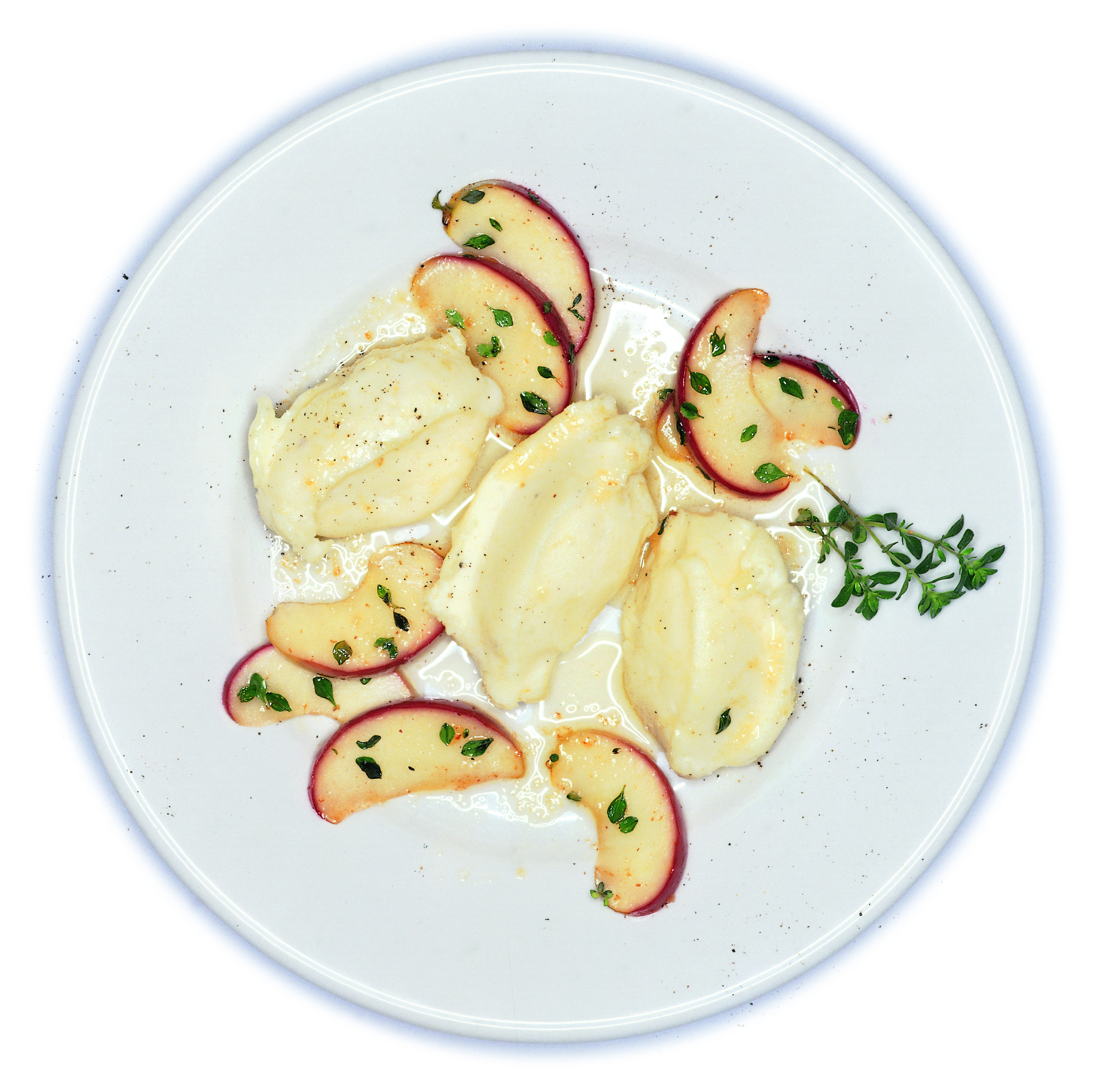 Noques de pomme de terre et pommes caramélisées au thym