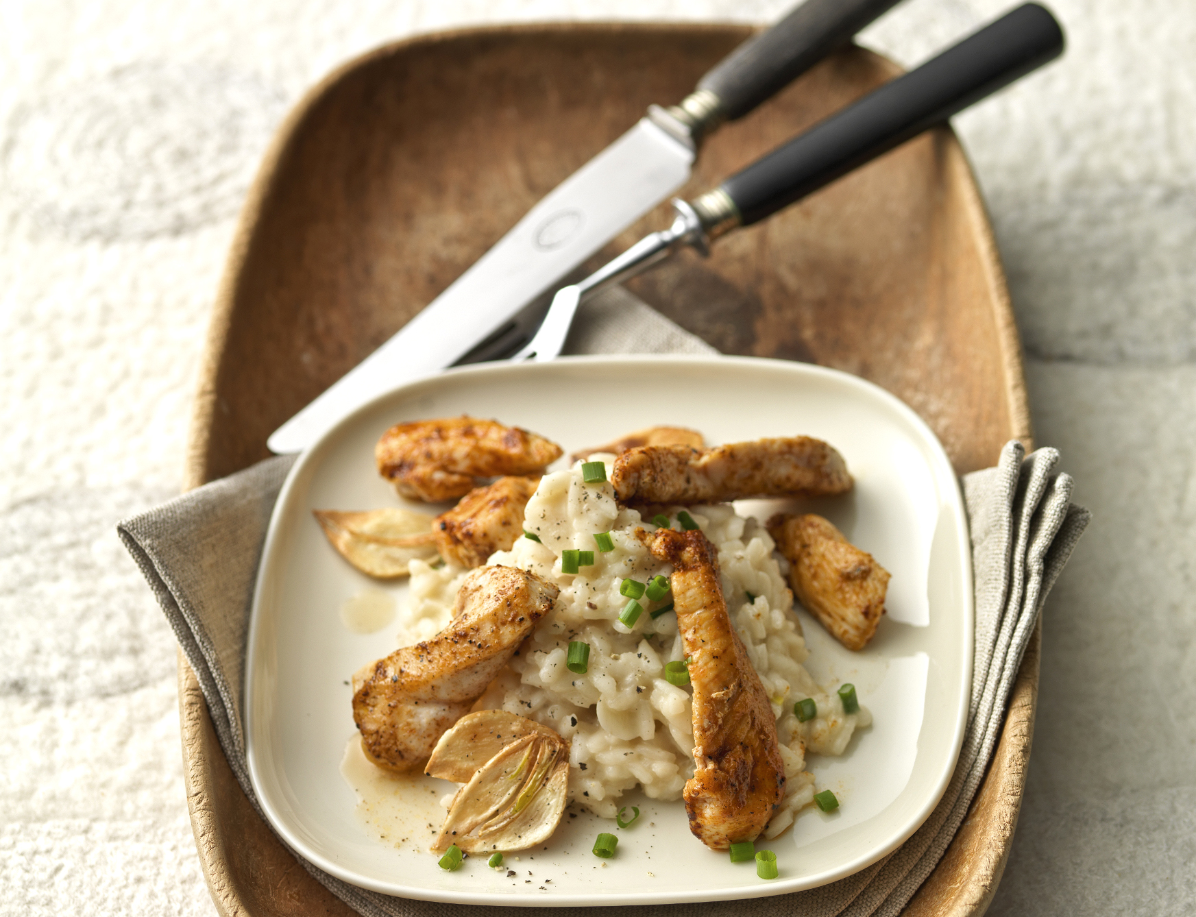 Risotto à l'ail et aiguillettes de poulet