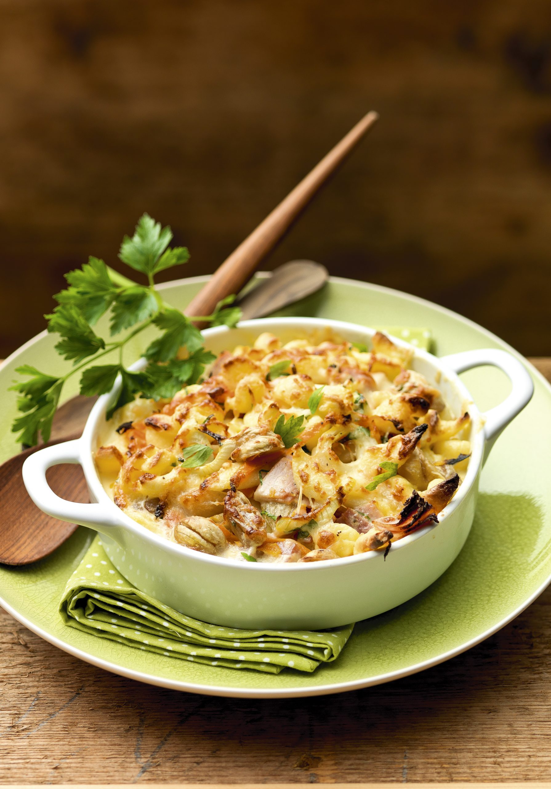 Knöpfligratin mit Schinken und Marroni