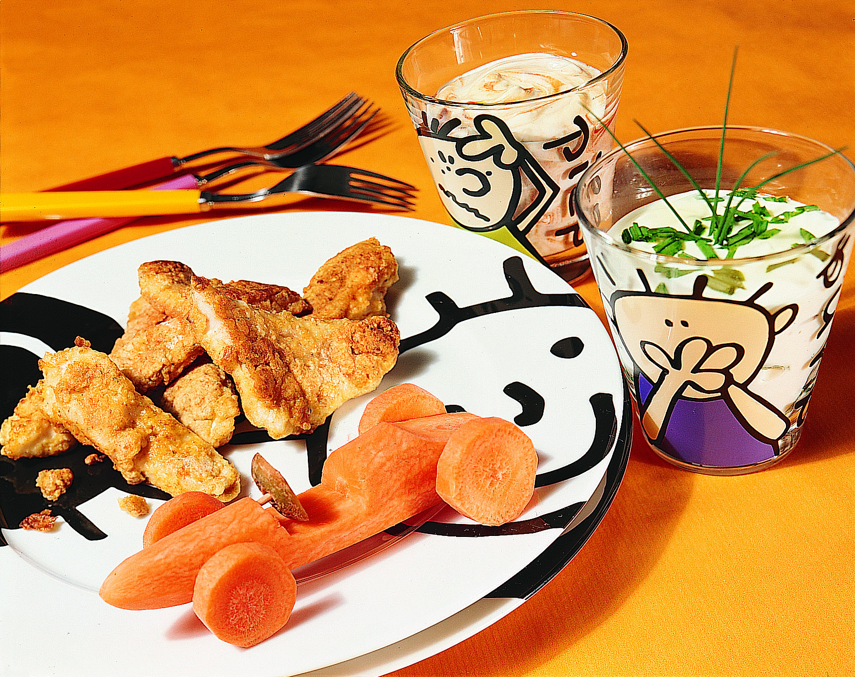 Poisson croustillant légumes fantaisie et sauces dip