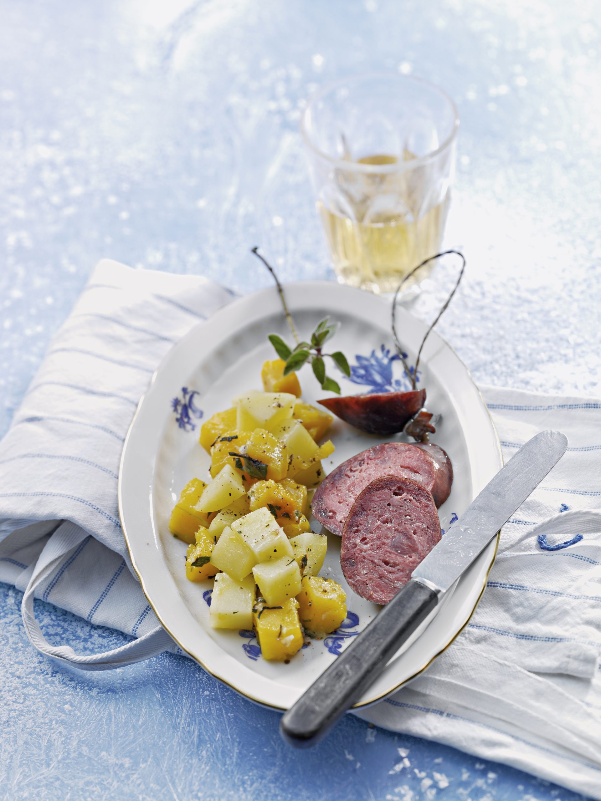 Kürbis-Kartoffelgemüse mit Saucisson