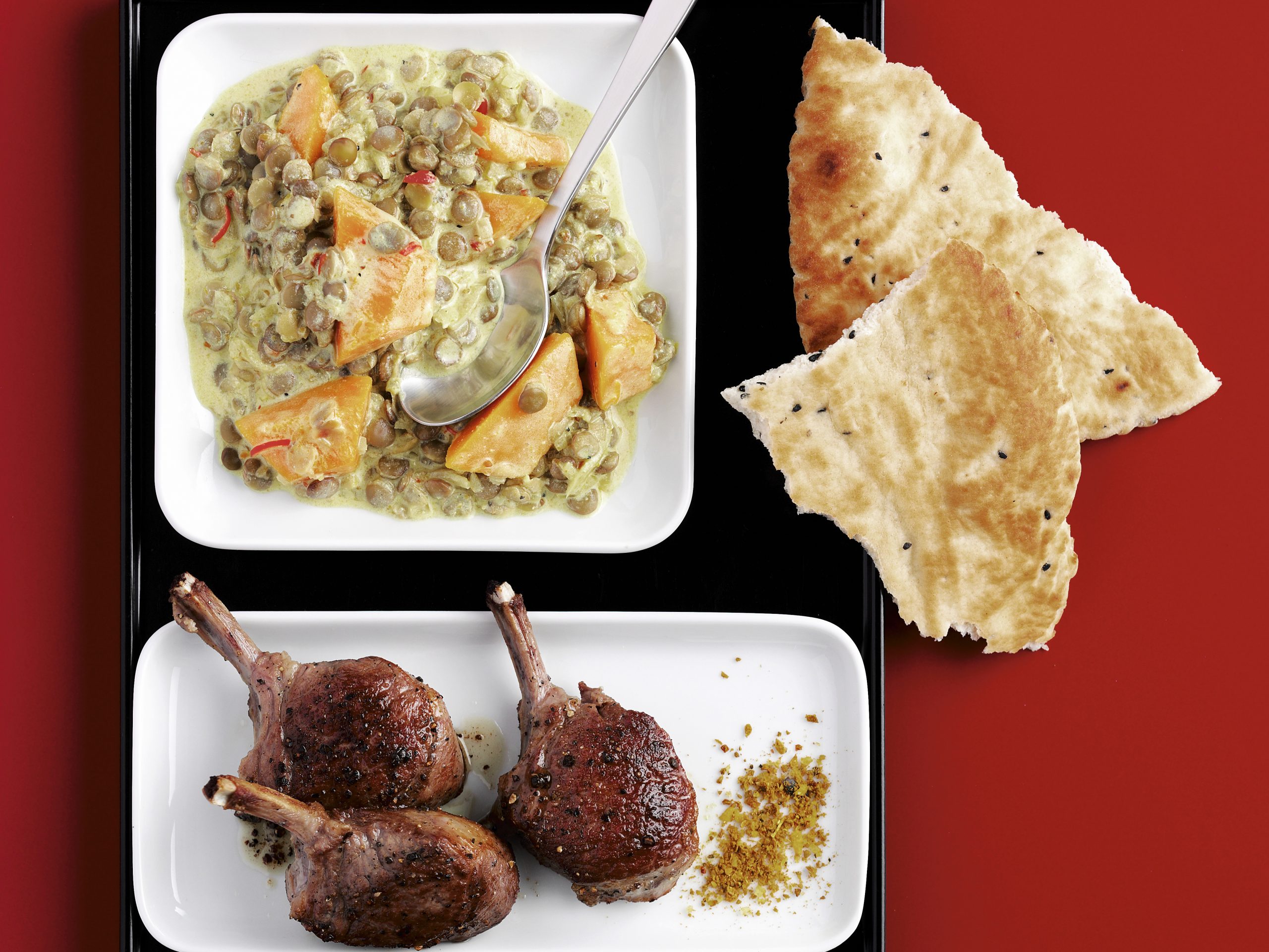 Lammkoteletts mit Curry-Linsen