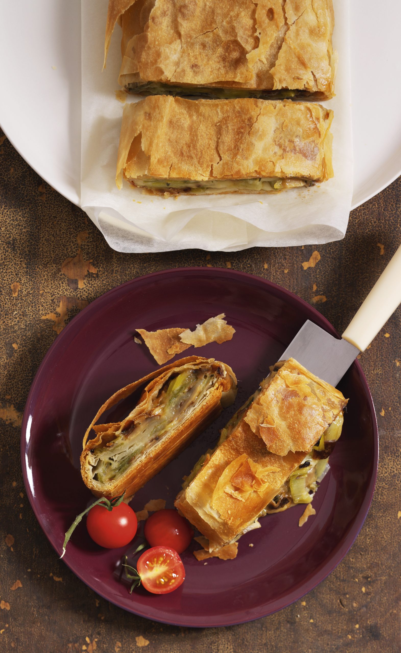 Strudel aux poireaux, au tilsit et aux bolets