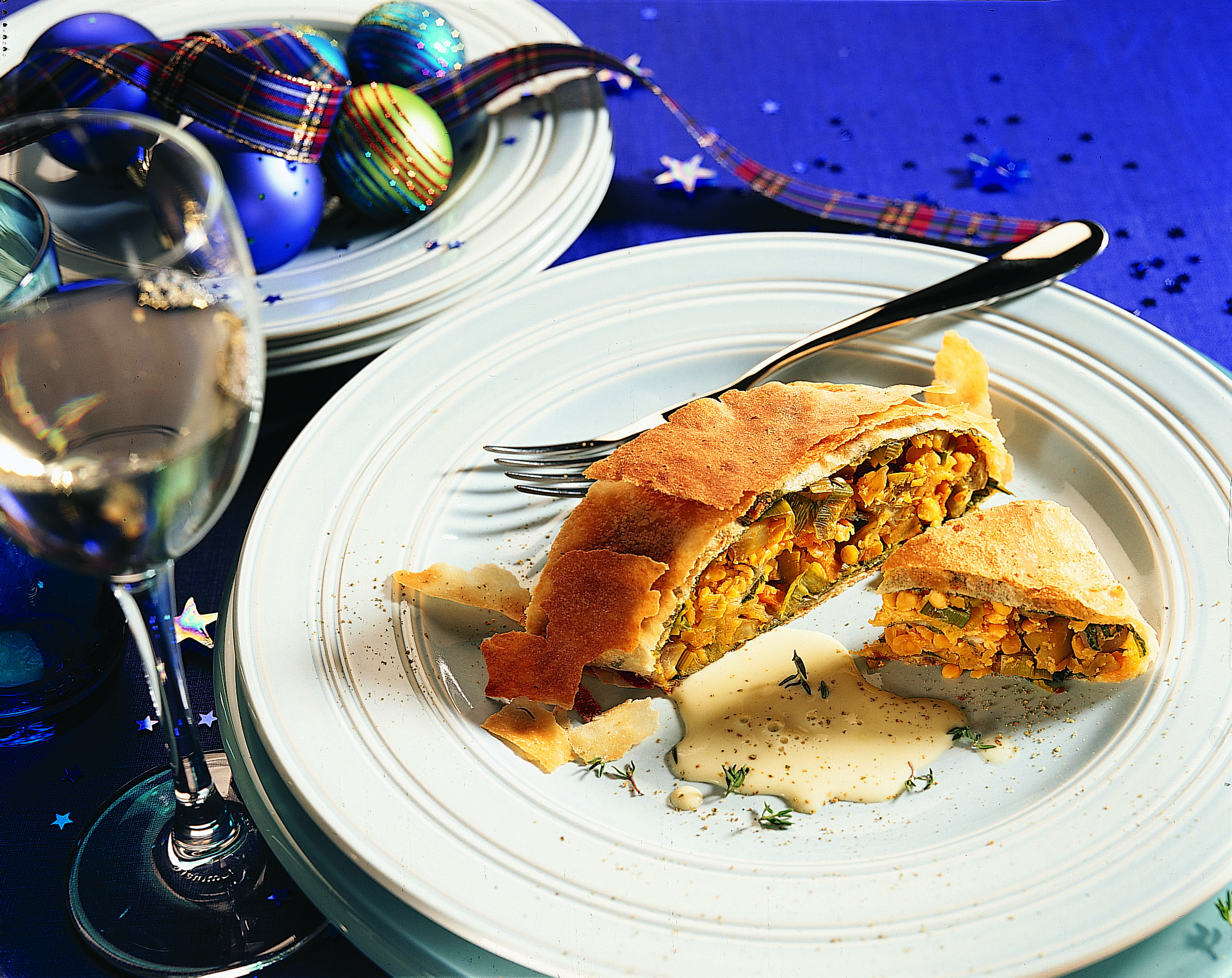 Strudel au poireau et au topinambour, sauce au champagne