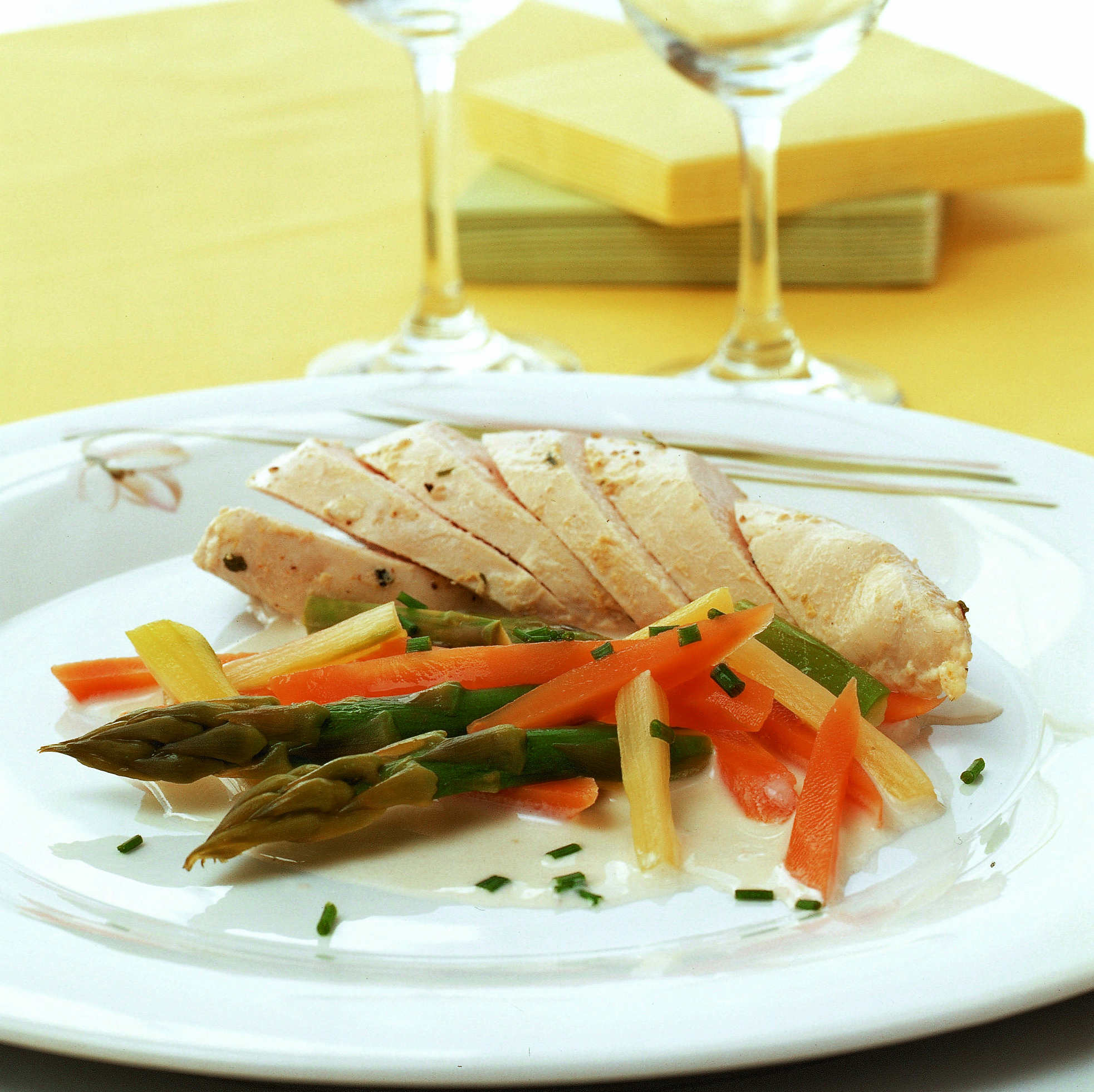 Pochiertes Pouletbrüstchen mit Spargel-Rüebli-Gemüse