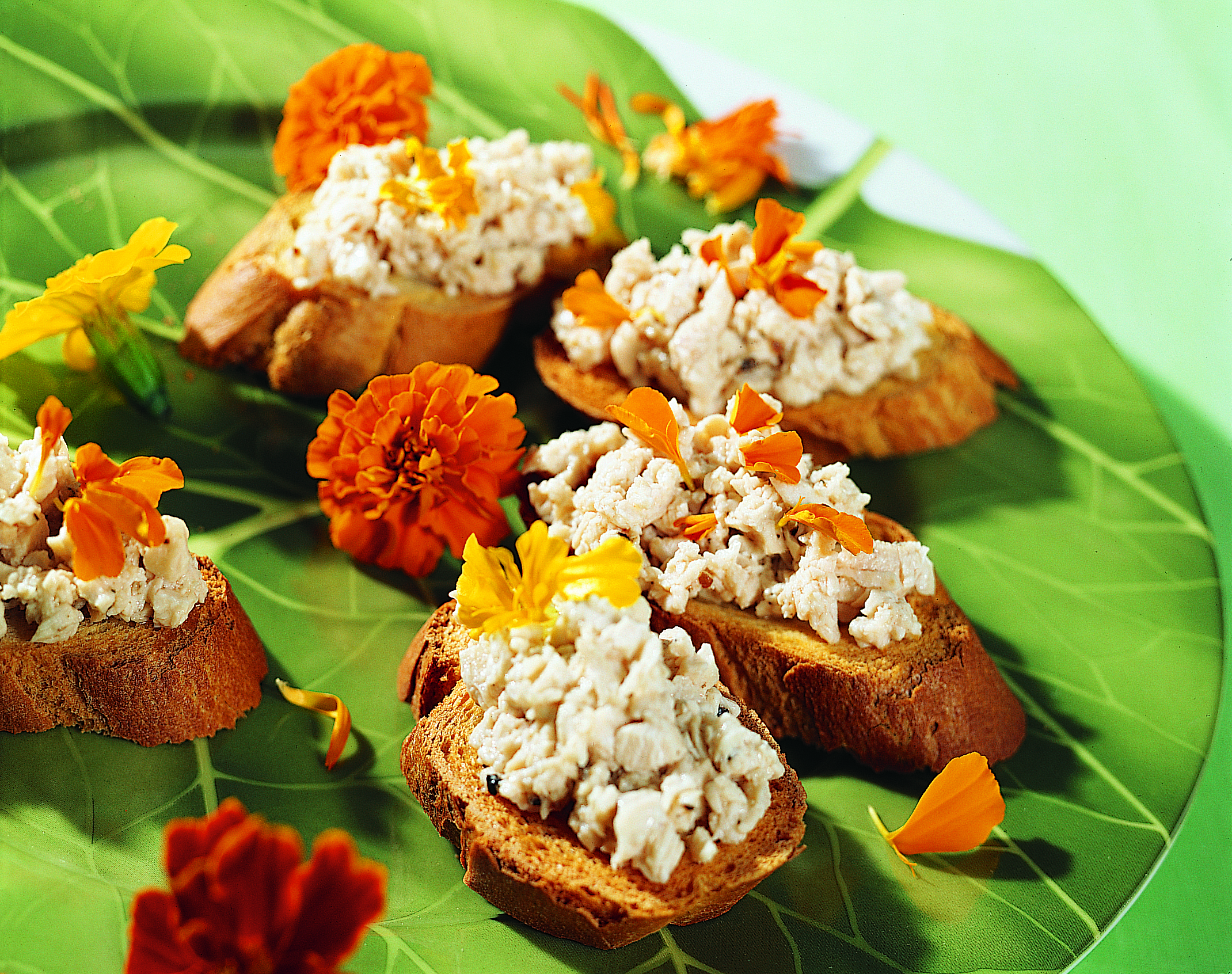 Crostini au poulet vinaigrette aux fleurs de sureau