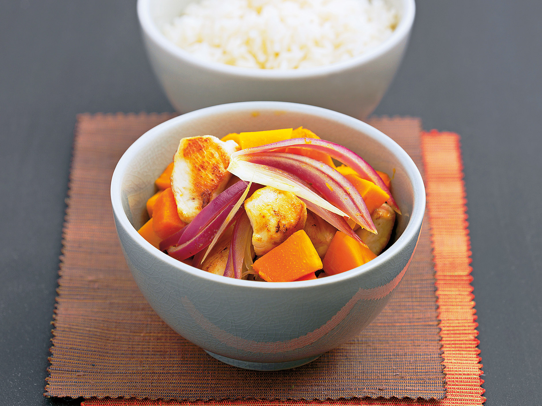 Émincé de poulet à la courge et riz