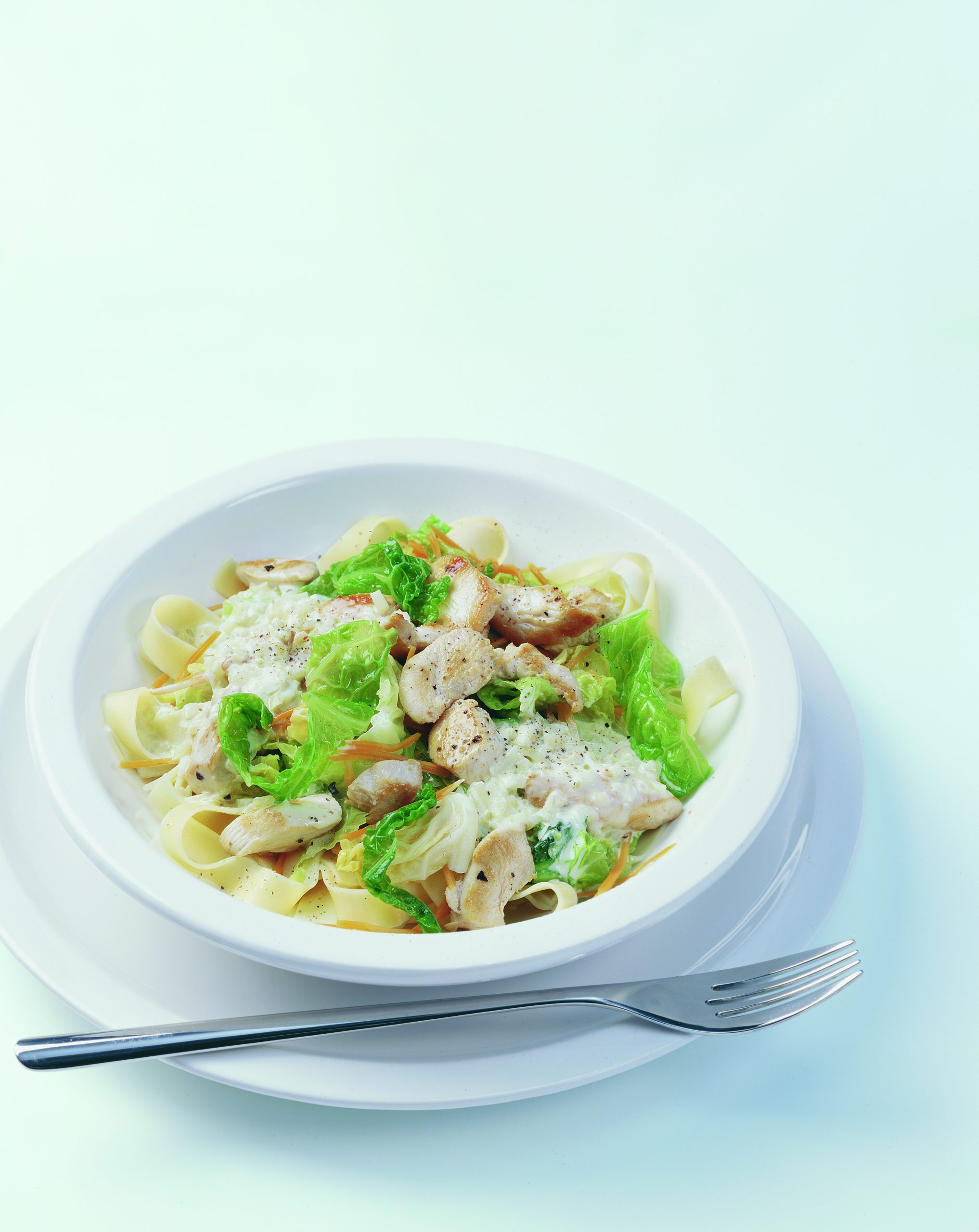 Emincé de poulet aux nouilles et au chou frisé à la crème
