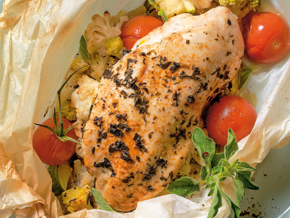 Escalopes de poulet et légumes en papillote