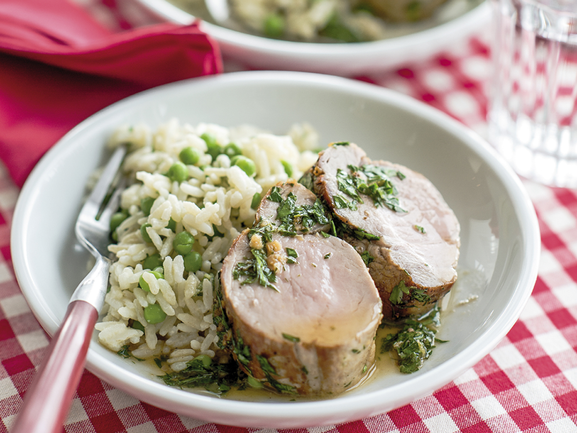 Schweinsfilet mit Erbsen-Reis