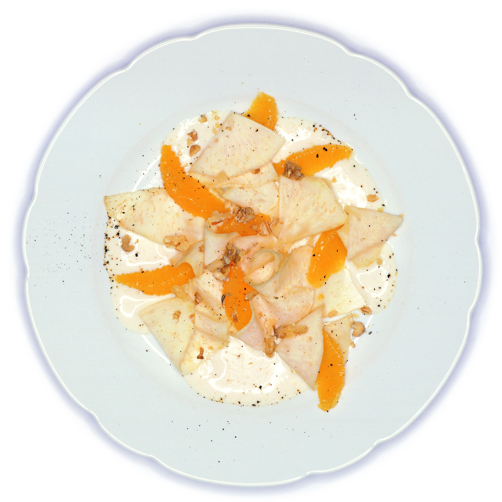 Carpaccio de céleri et d'orange au lait acidulée à la coriandre
