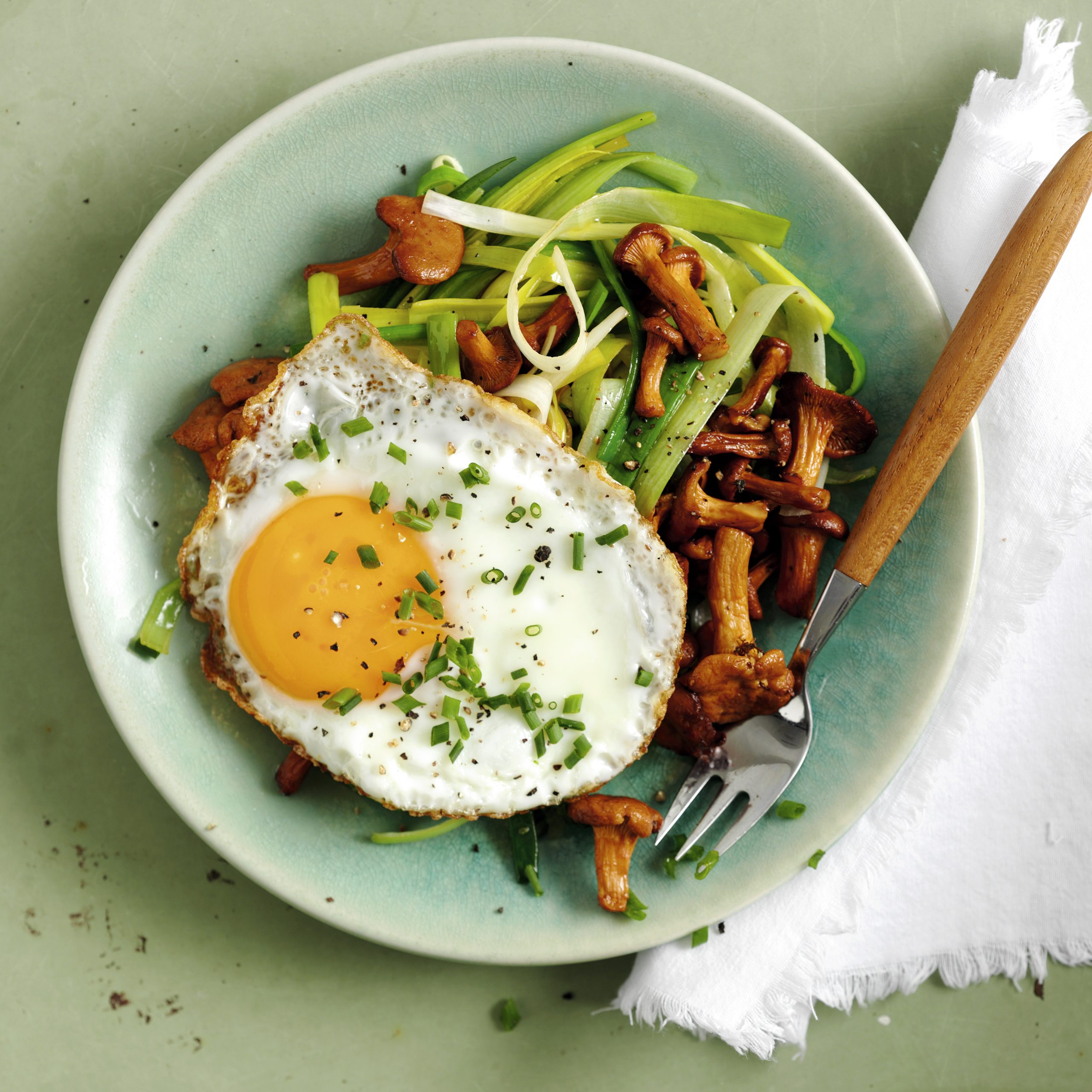 Spiegeleier auf Lauch und Eierschwämmli (Low Carb)