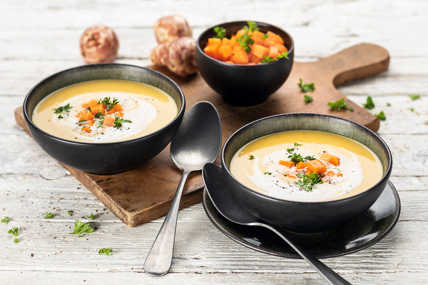 Velouté de topinambour, carotte et poireau