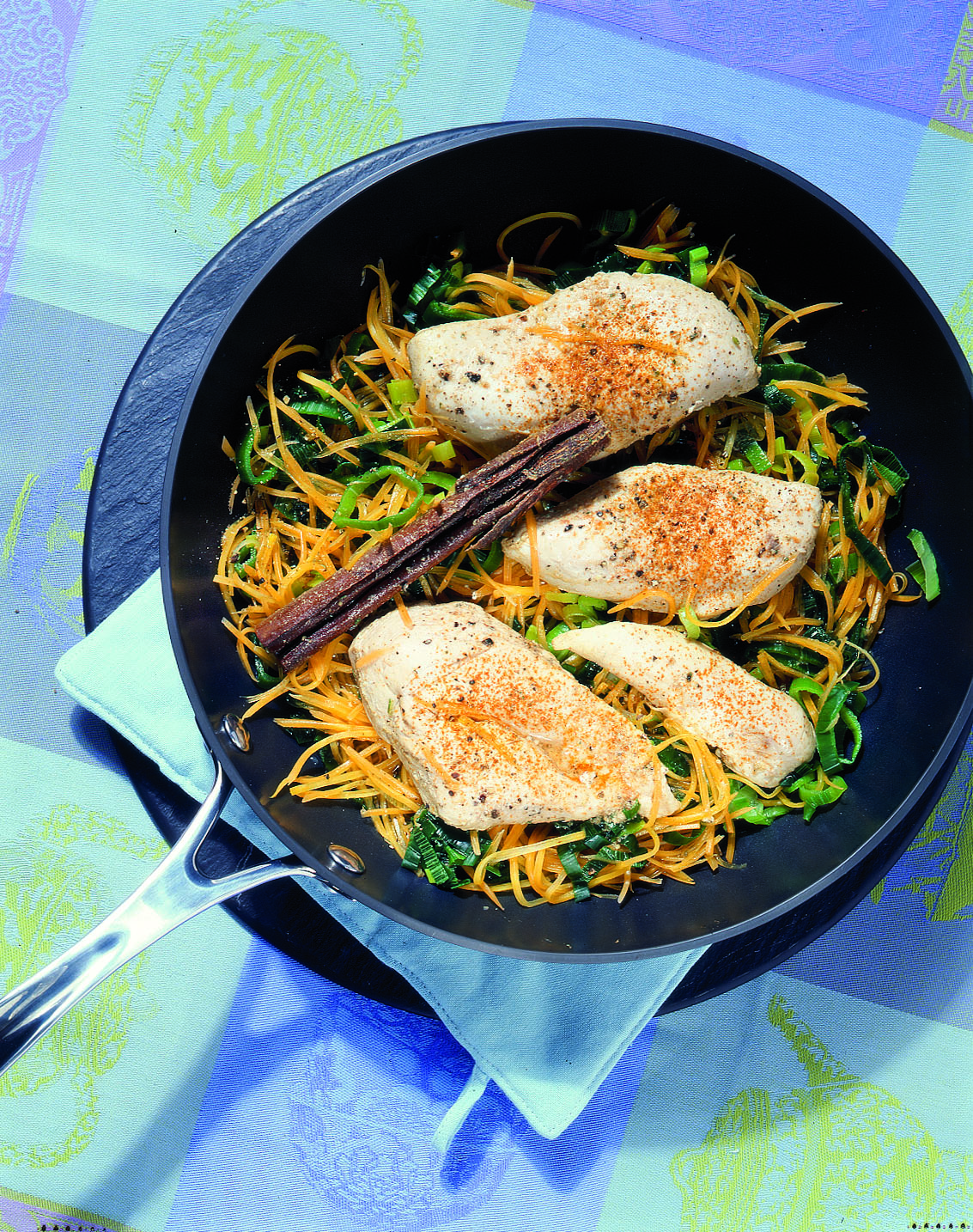 Poulet à la cannelle sur lit de poireau et de carotte