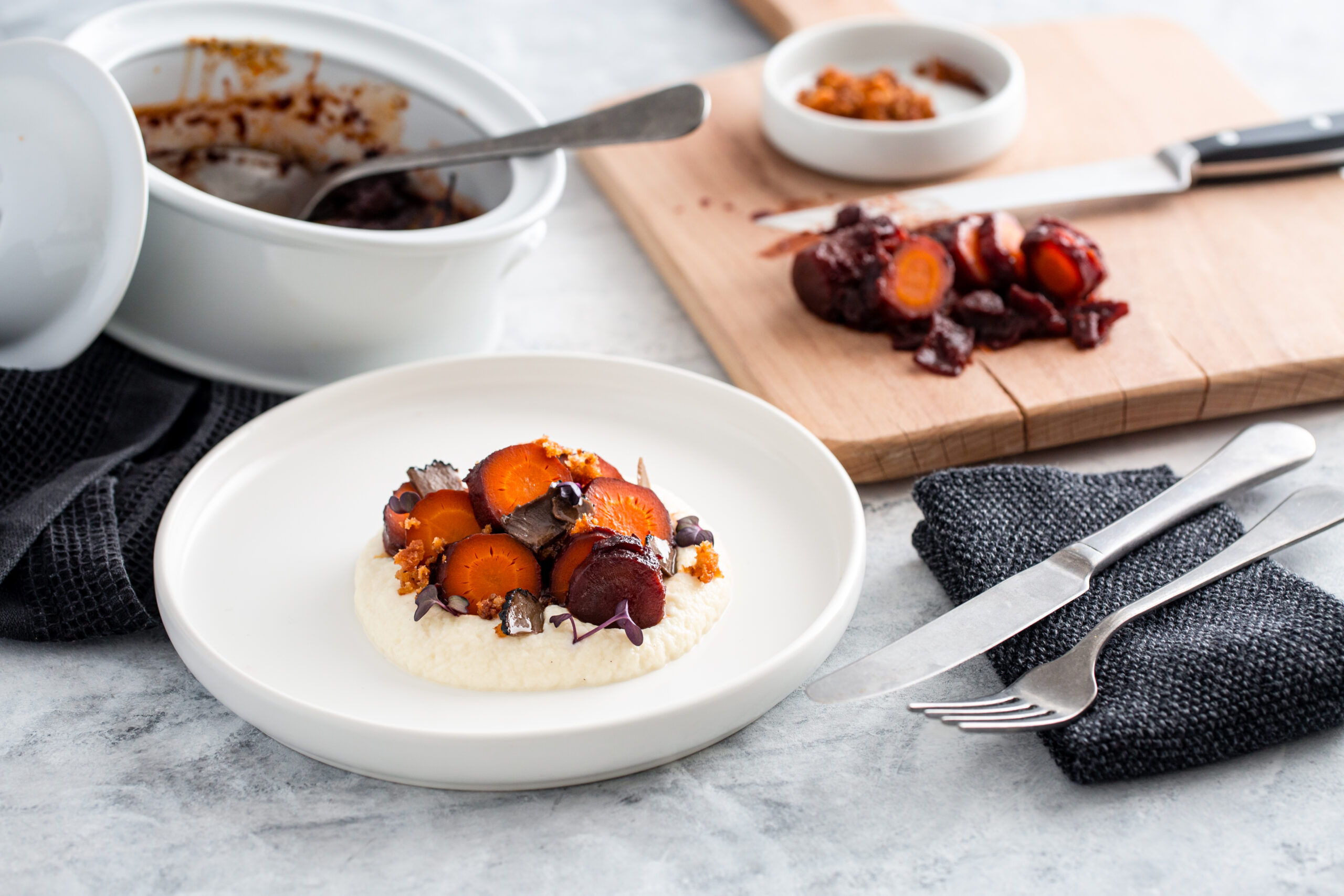 Carottes au porto et purée de chou-fleur à la truffe (low carb)