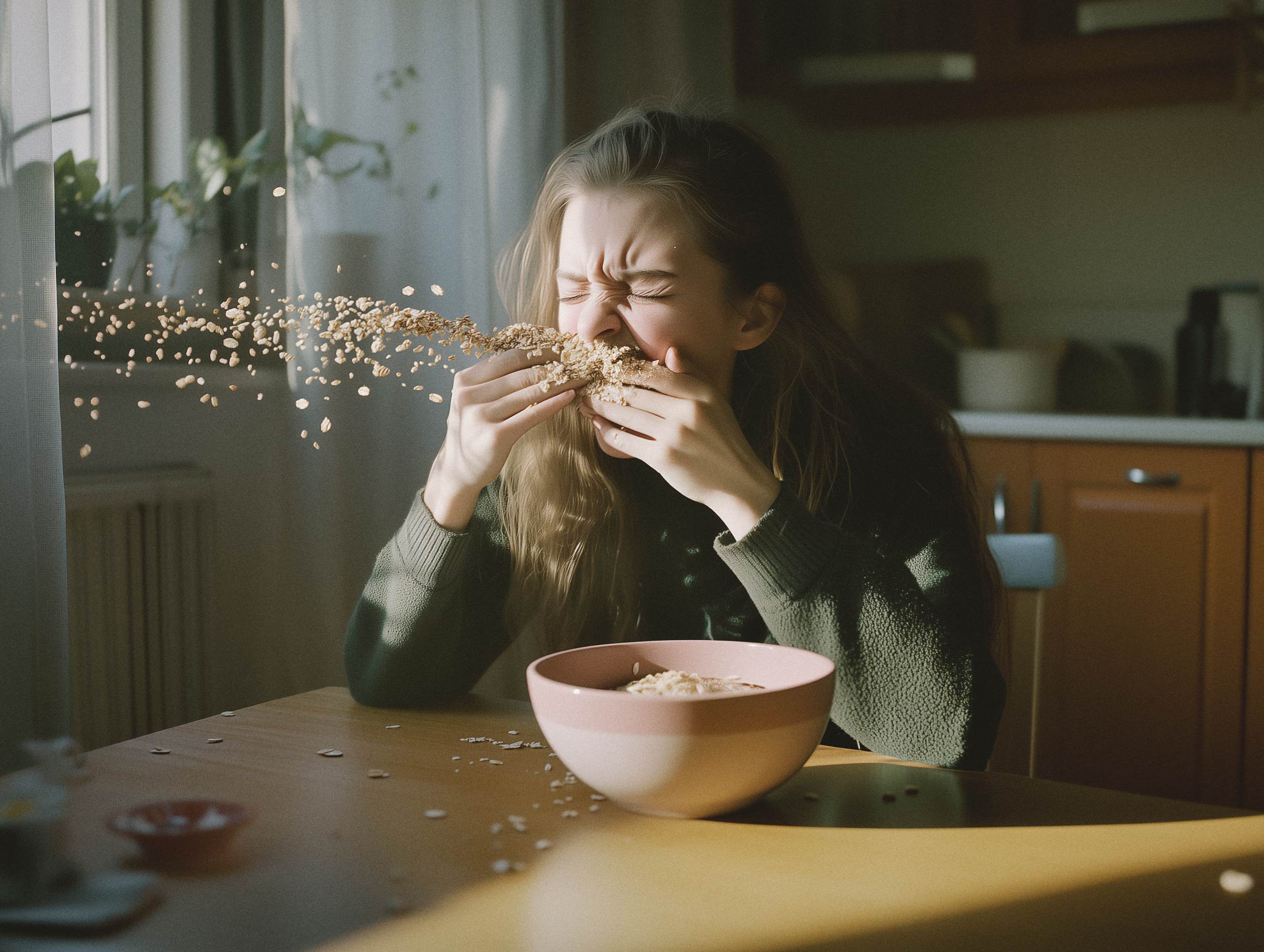 Mit Birchermüesli im Mund niesen. So entsteht Raufasertapete. Bildquelle: Swissmilk/AI generiert mit Mid Journey
